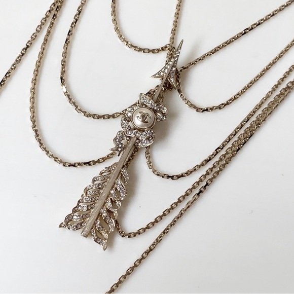 CHANEL Crystal Pearl Multi Strand Chain CC Arrow Necklace Gold - Picture 8 of 16
